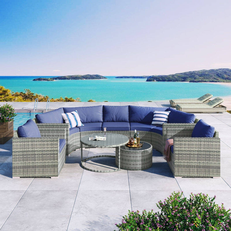 9-Piece Outdoor Half-Moon Patio Sofa Set – Modern Wicker Round Sectional with Cushions