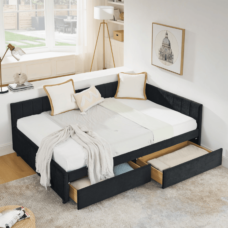 Full Tufted Sofa Bed – Velvet Black with Storage Drawers