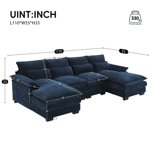 110" U - Shaped Chenille Sofa – 6 Seat with Pillows - 