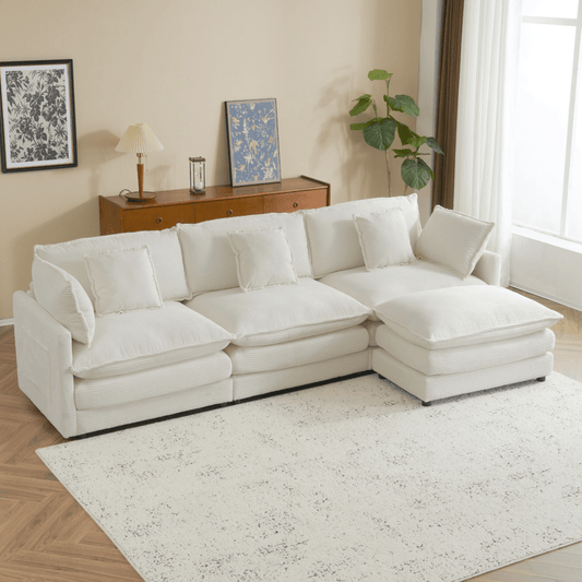 112" Corduroy Sectional Sofa – Beige with Storage - 