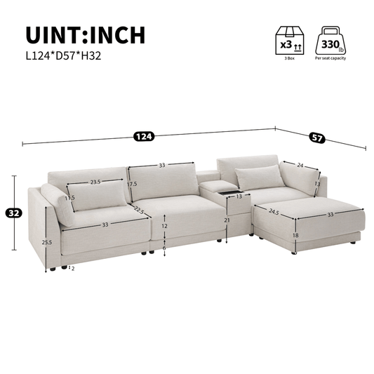 124" L - Shaped Sofa – Storage, Ottoman, USB – 2 Colors - 