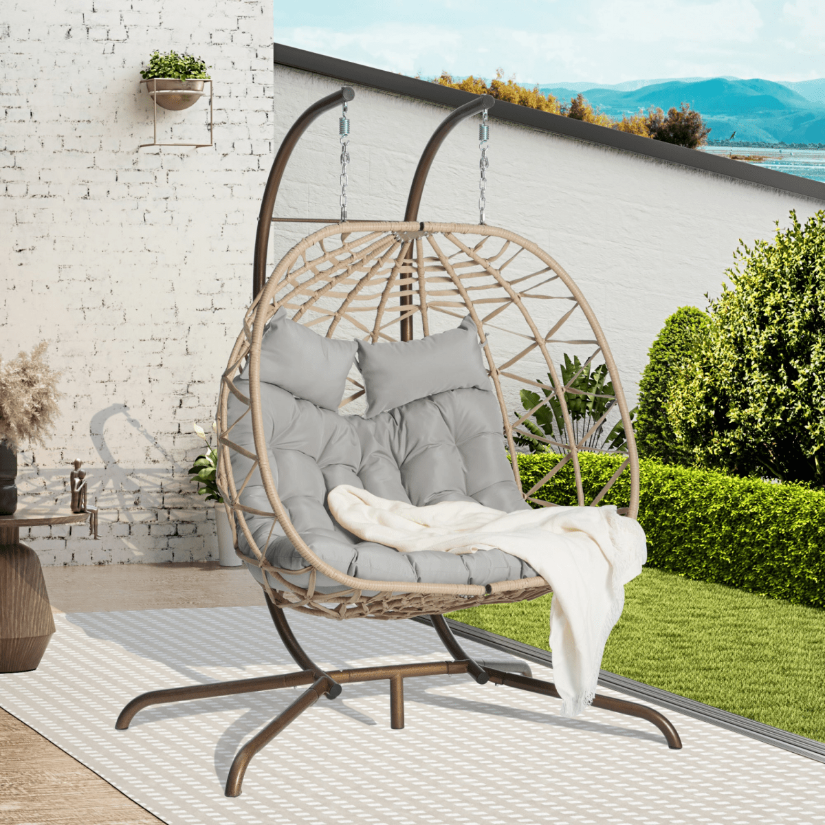 2 - Person Outdoor Hanging Egg Chair with Cushions – Light Gray - Hanging Chair