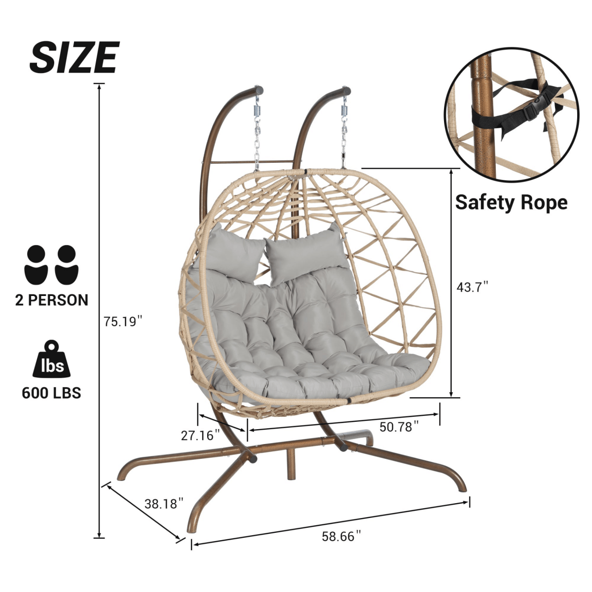 2 - Person Outdoor Hanging Egg Chair with Cushions – Light Gray - Hanging Chair