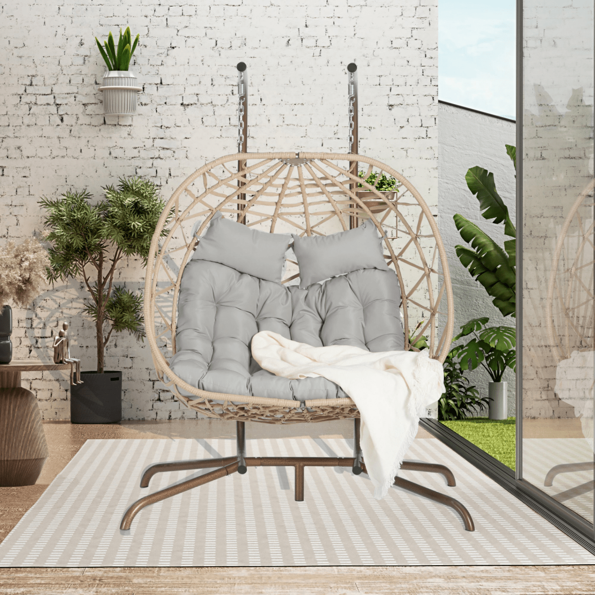 2 - Person Outdoor Hanging Egg Chair with Cushions – Light Gray - Hanging Chair