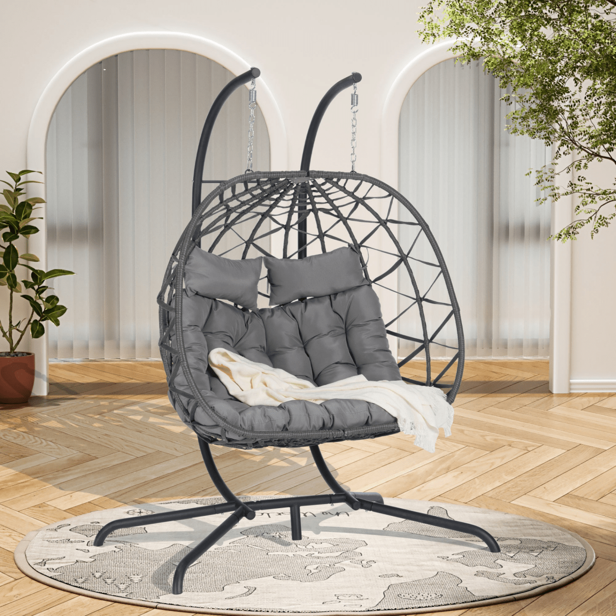 2 Person Outdoor Rattan Hanging Chair Patio Wicker Egg Chair - Hanging Chair