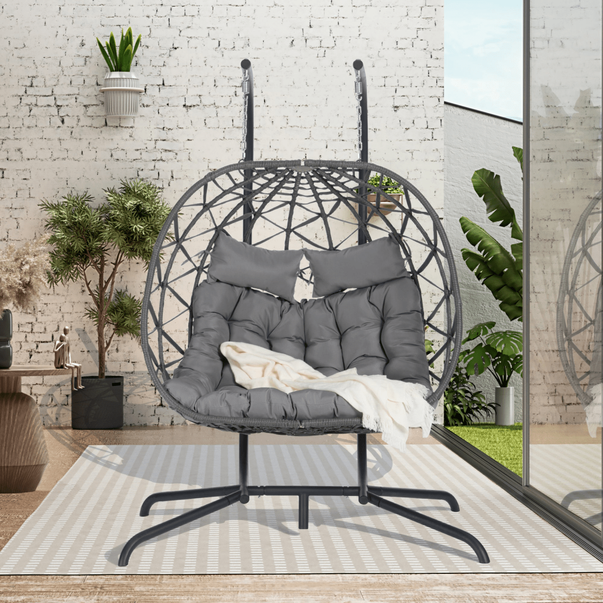2 Person Outdoor Rattan Hanging Chair Patio Wicker Egg Chair - Hanging Chair