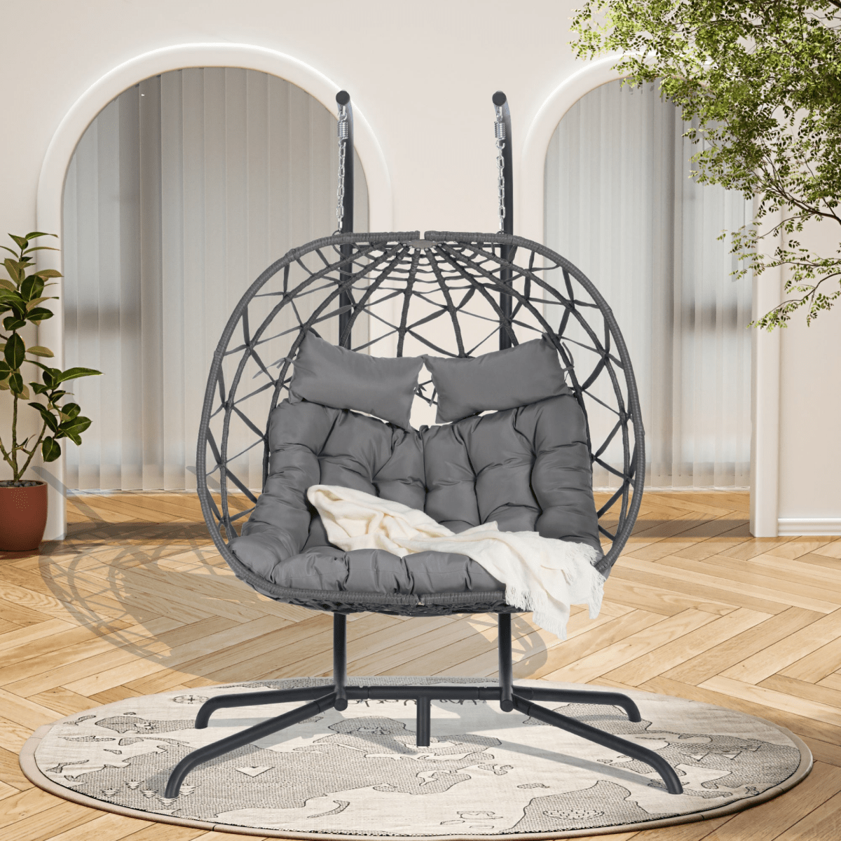 2 Person Outdoor Rattan Hanging Chair Patio Wicker Egg Chair - Hanging Chair