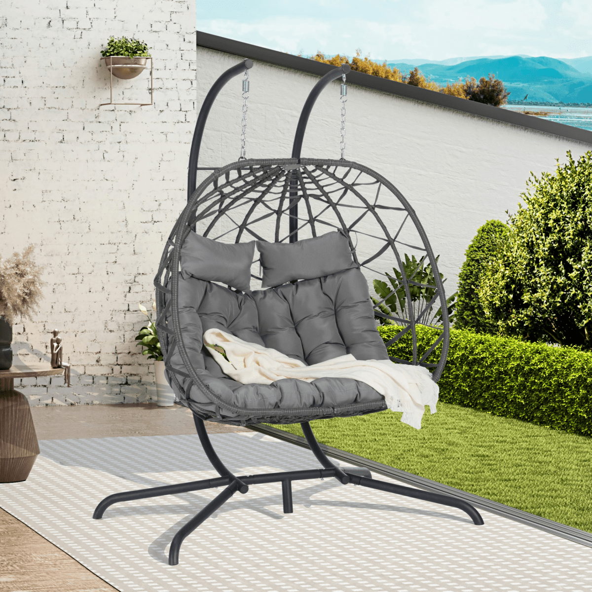 2 Person Outdoor Rattan Hanging Chair Patio Wicker Egg Chair - Hanging Chair