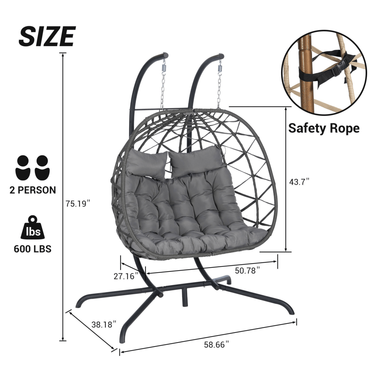 2 Person Outdoor Rattan Hanging Chair Patio Wicker Egg Chair - Hanging Chair