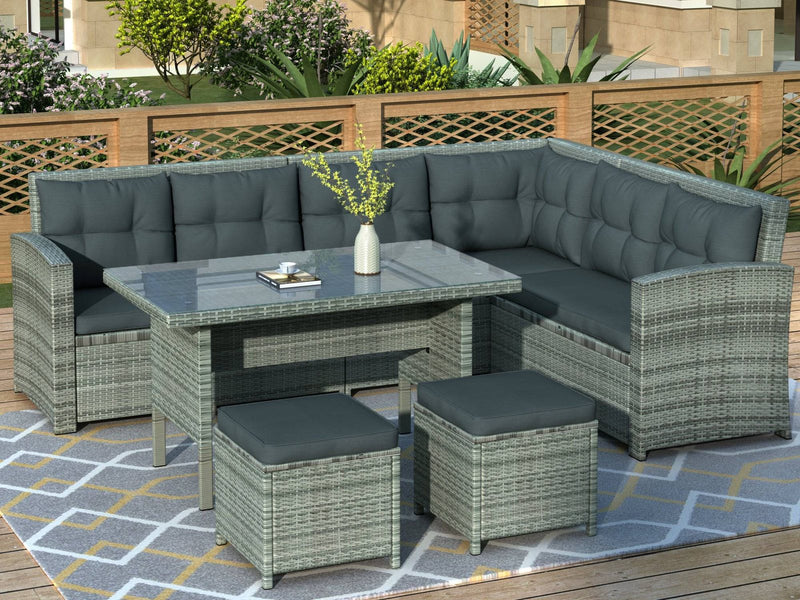 6 Piece Outdoor Patio Furniture Set with Sectional Sofa and Glass Table