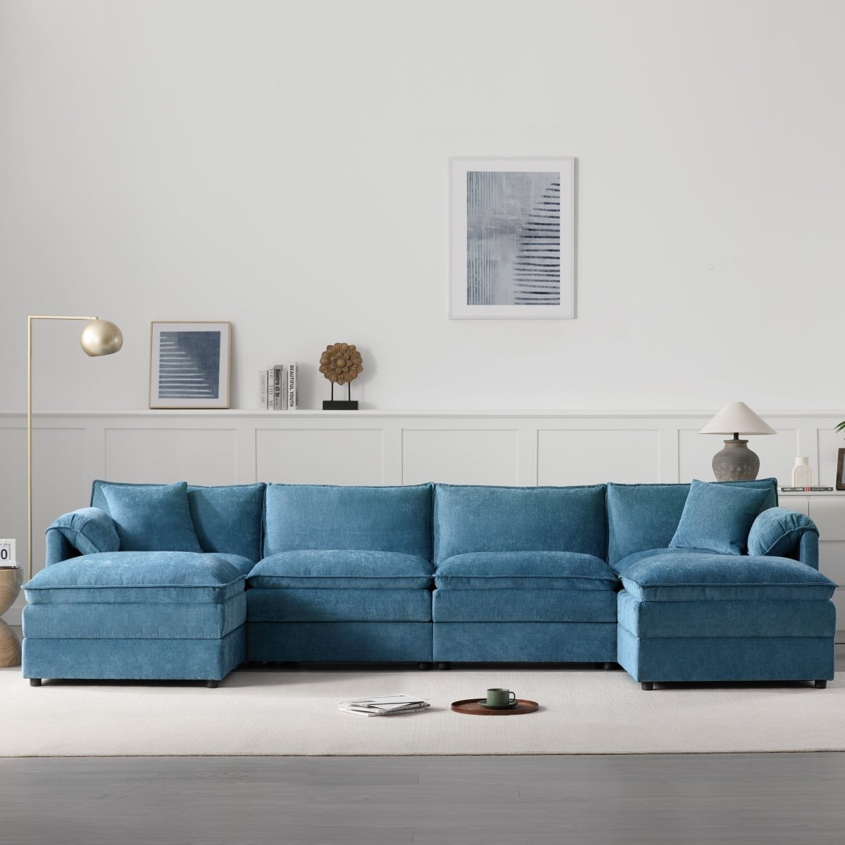 6 - Seater Modular Sofa with Ottomans – Blue Chenille - Sofa