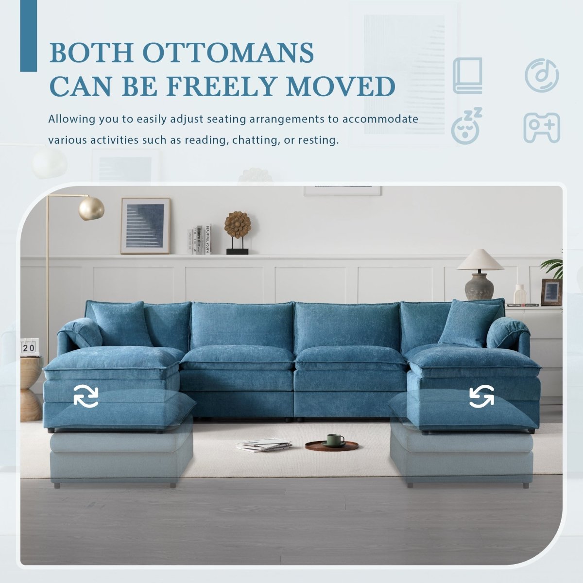 6 - Seater Modular Sofa with Ottomans – Blue Chenille - Sofa