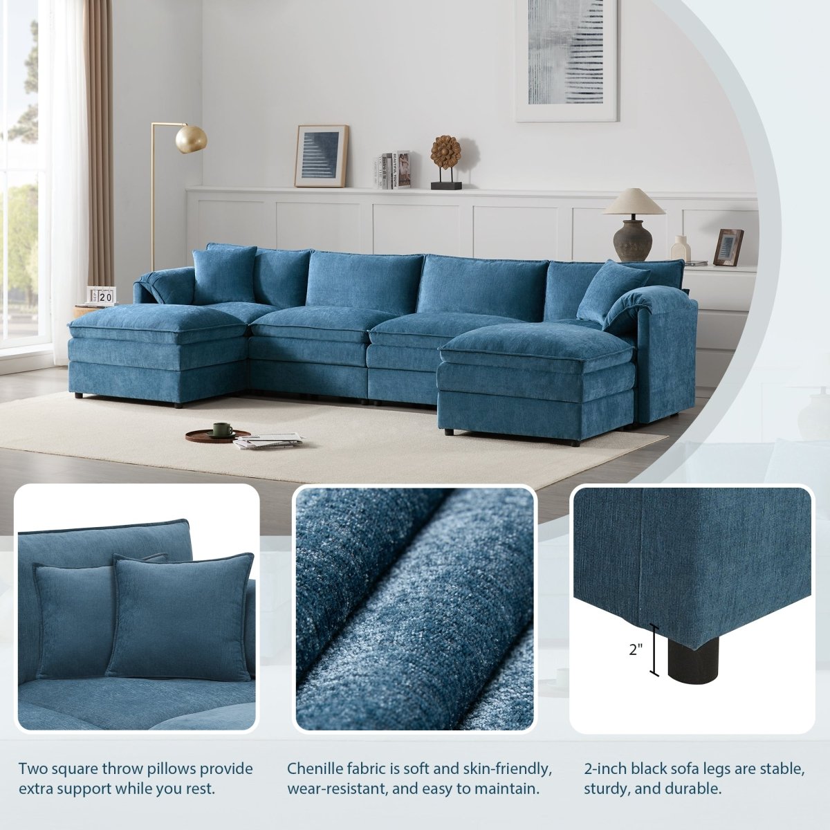 6 - Seater Modular Sofa with Ottomans – Blue Chenille - Sofa