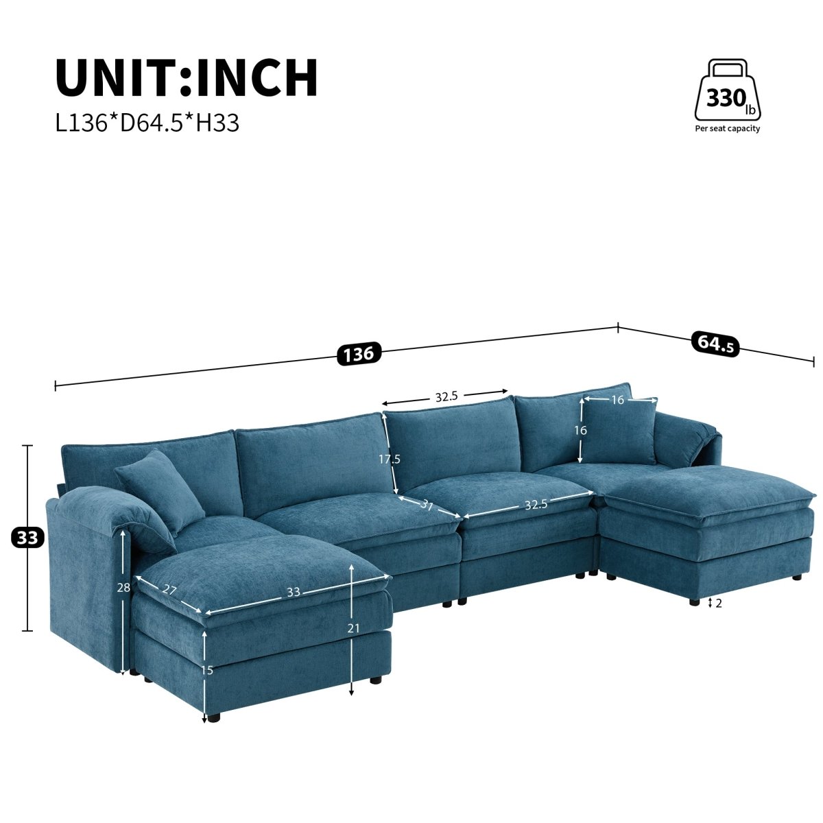 6 - Seater Modular Sofa with Ottomans – Blue Chenille - Sofa