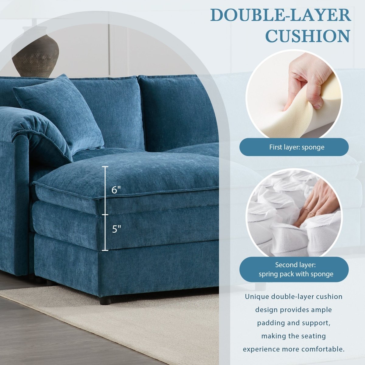6 - Seater Modular Sofa with Ottomans – Blue Chenille - Sofa