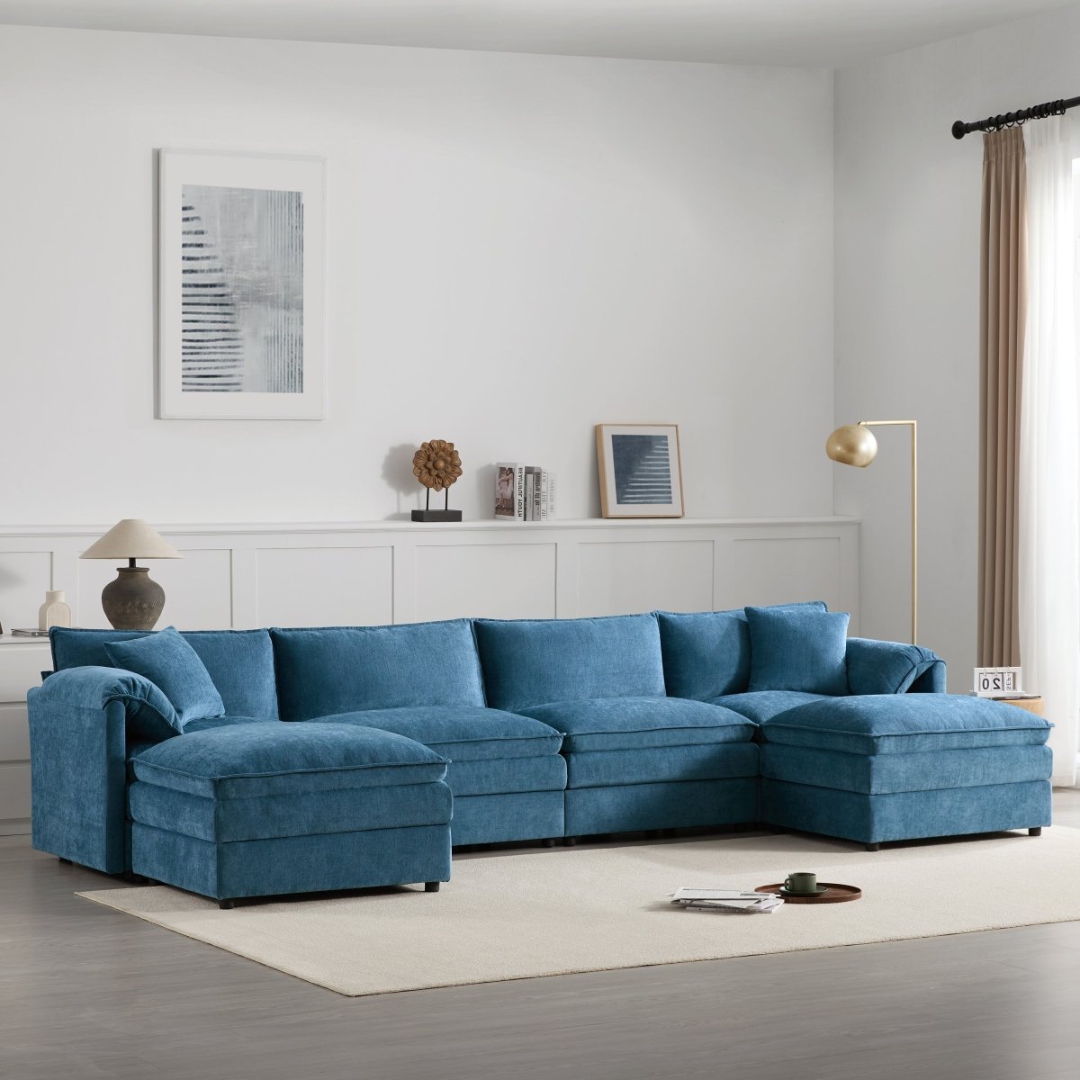 6 - Seater Modular Sofa with Ottomans – Blue Chenille - Sofa