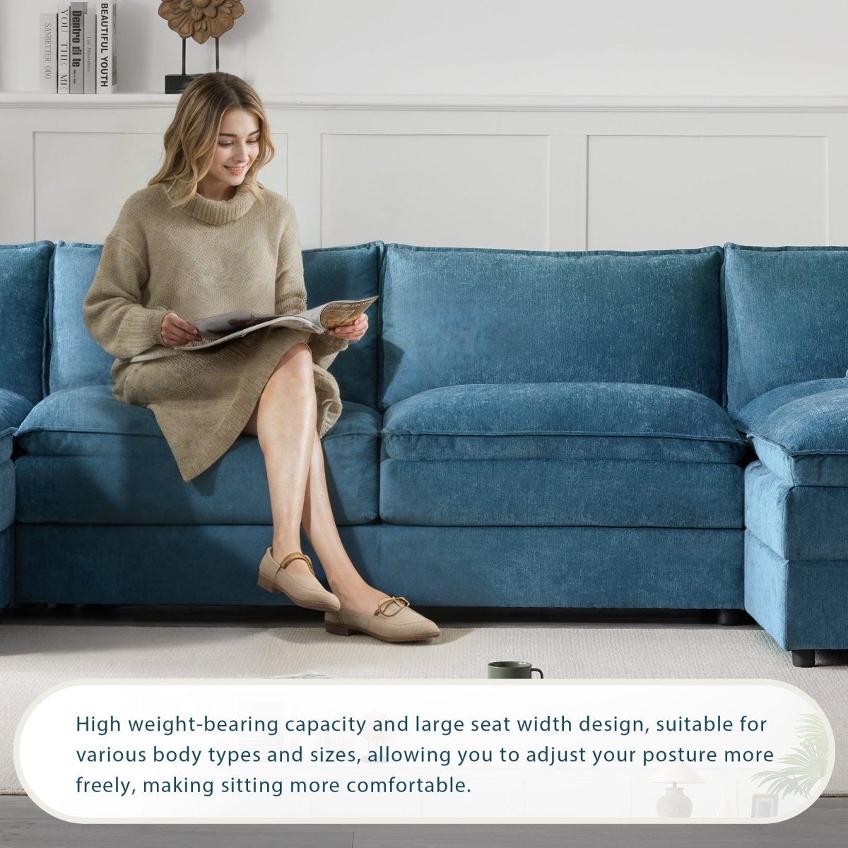6 - Seater Modular Sofa with Ottomans – Blue Chenille - Sofa
