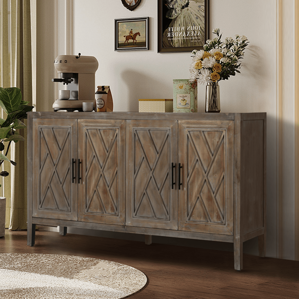 60" Farmhouse Sideboard – Antique Brown, 4 Doors - 