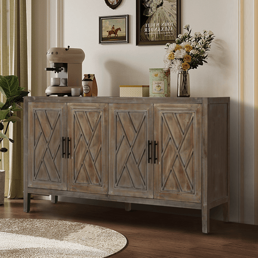 60" Farmhouse Sideboard – Antique Brown, 4 Doors - 