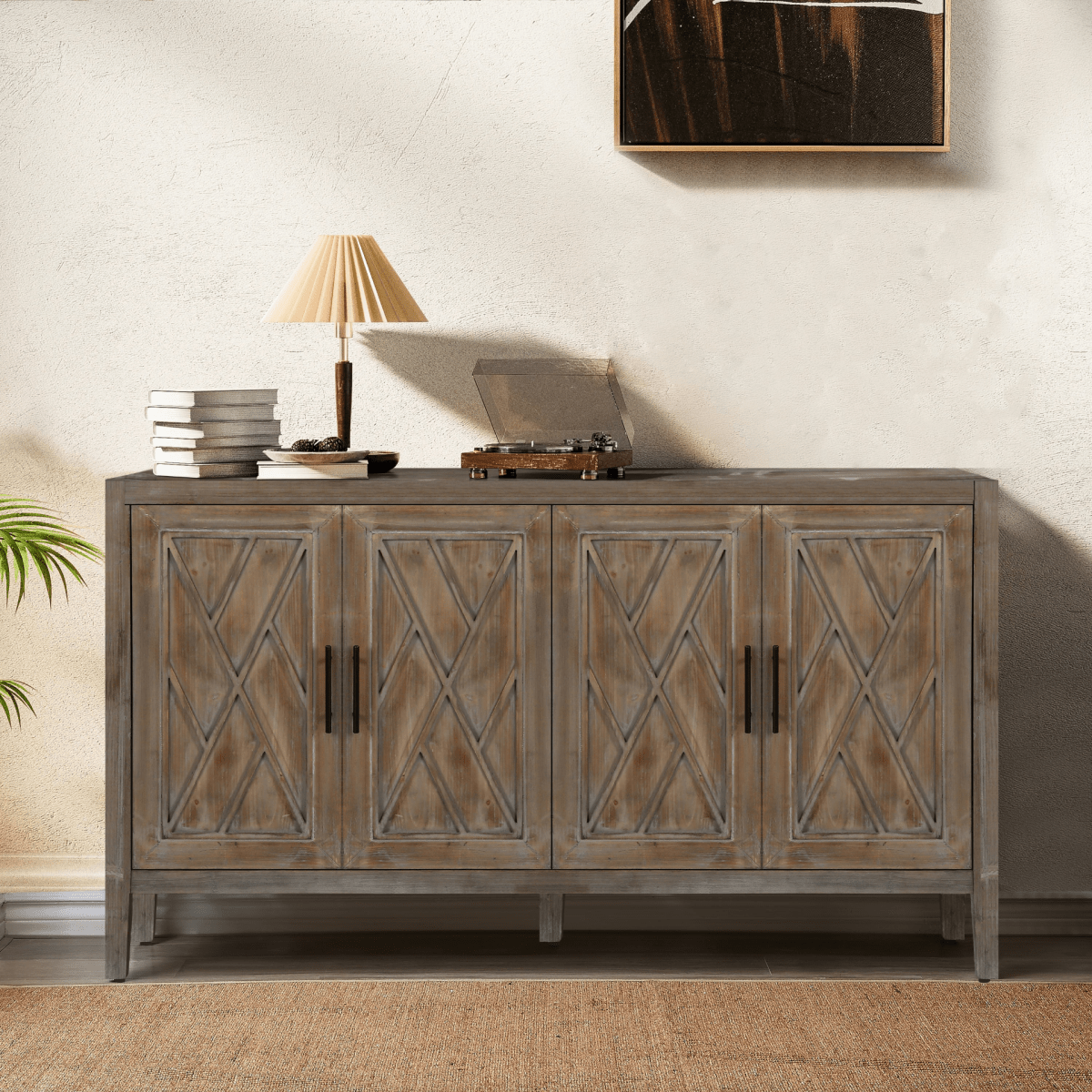 60" Farmhouse Sideboard – Antique Brown, 4 Doors - 