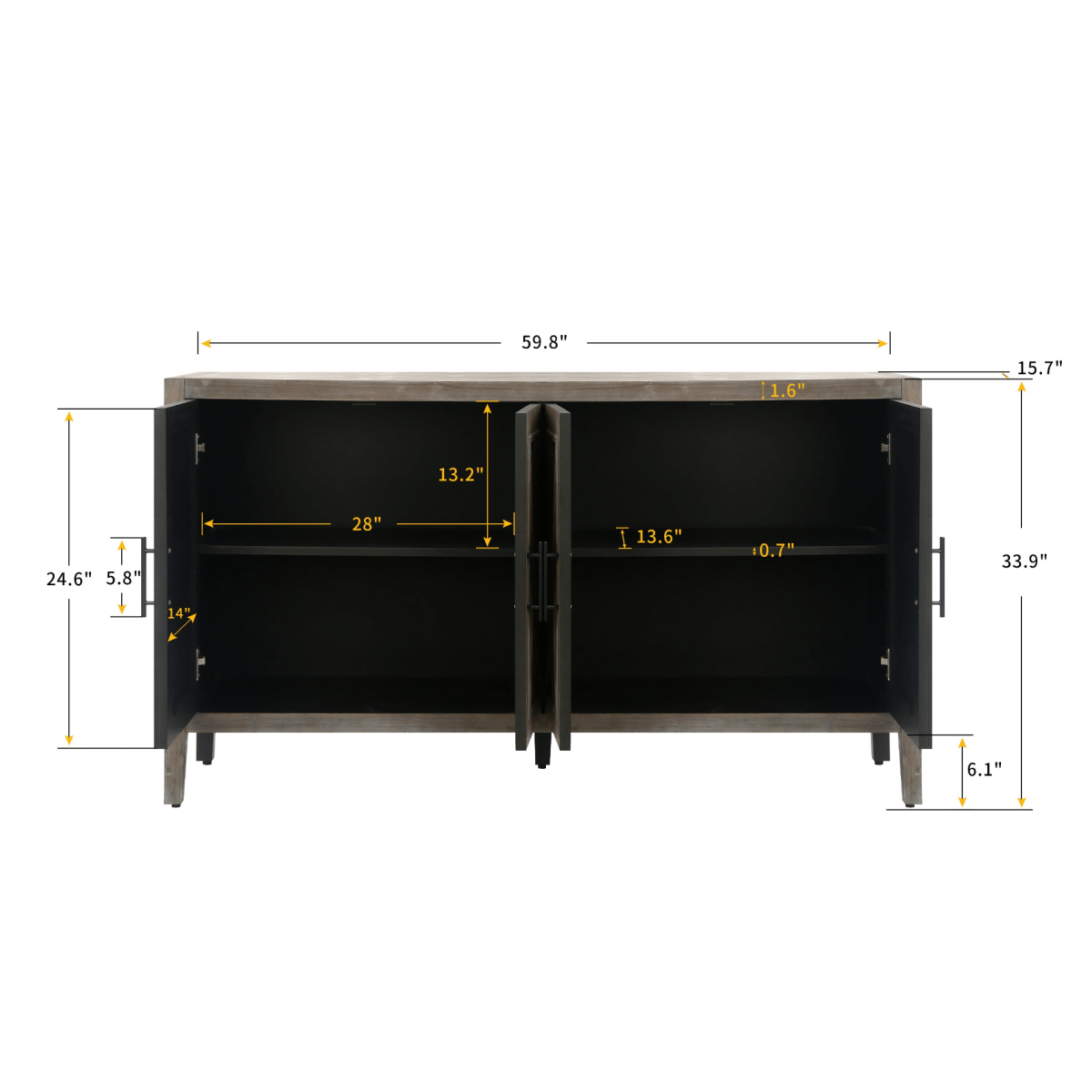 60" Farmhouse Sideboard – Antique Brown, 4 Doors - 
