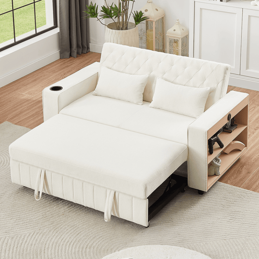 61" Beige Pull - Out Sofa – Adjustable with USB - 