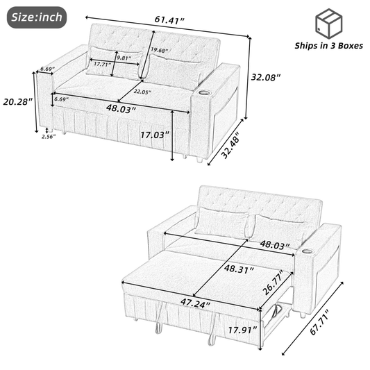 61" Grey Pull - Out Loveseat Sofa Bed - 
