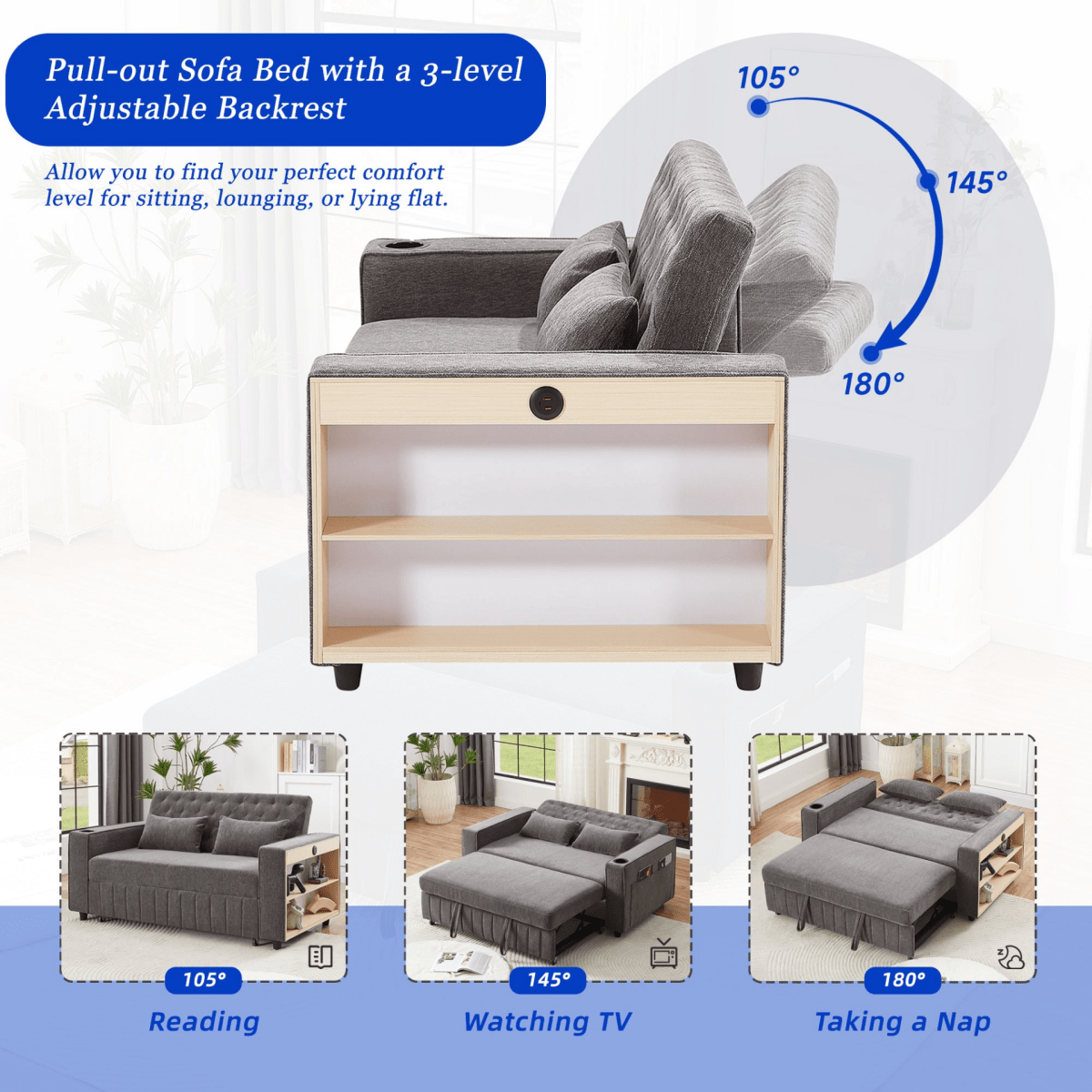 61" Grey Pull - Out Loveseat Sofa Bed - 