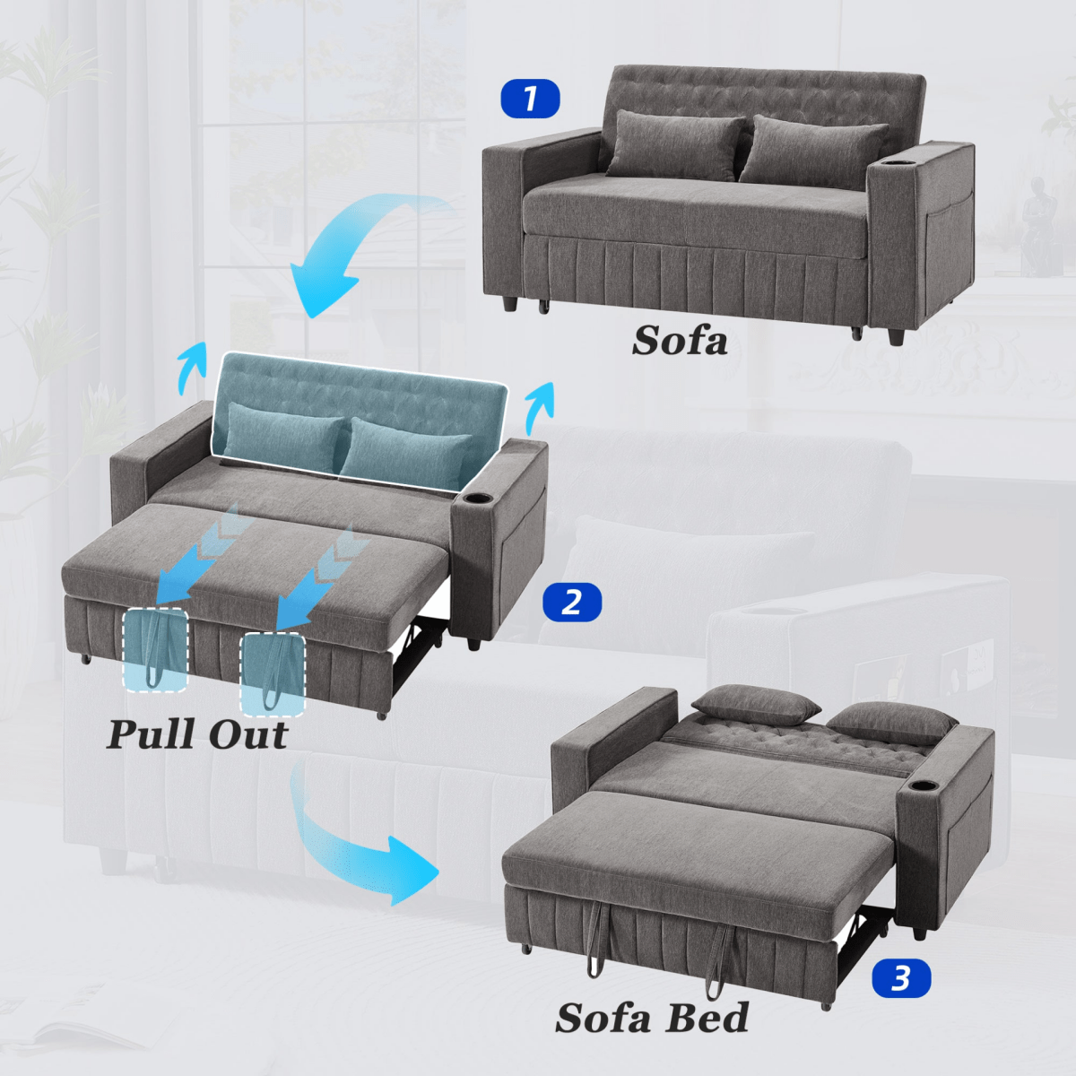 61" Grey Pull - Out Loveseat Sofa Bed - 