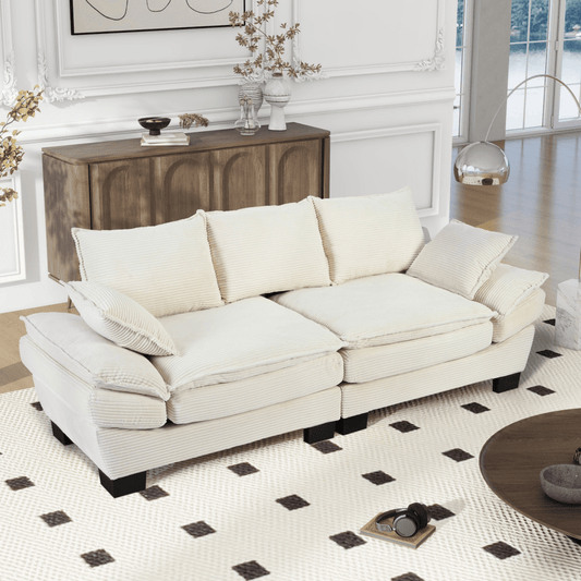 85.4" Modern Curved Corduroy Sofa – Upholstered Back & Throw Pillows for Living Room or Bedroom - 