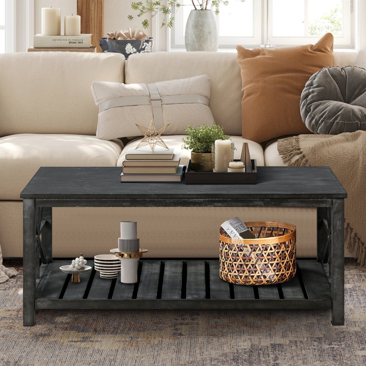 Antique Black Rectangular Coffee Table with Open Shelf - Coffee Table