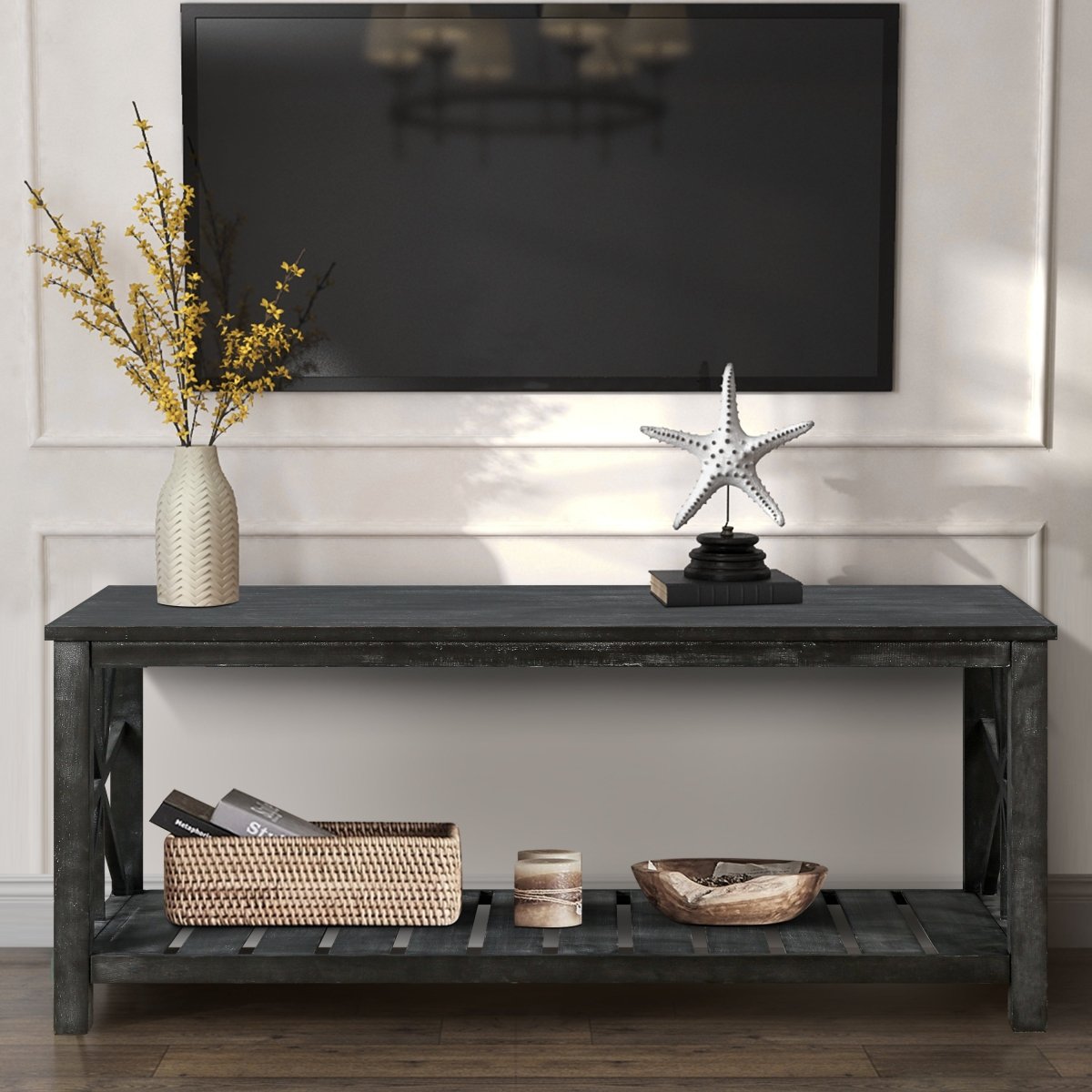 Antique Black Rectangular Coffee Table with Open Shelf - Coffee Table