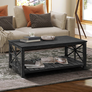 Antique Black Rectangular Coffee Table with Open Shelf - Coffee Table