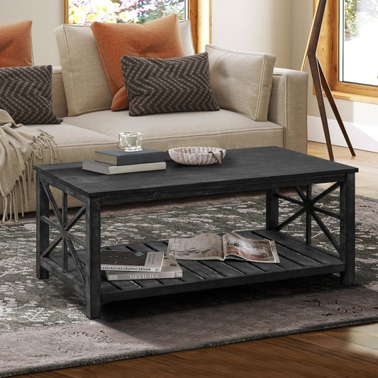 Antique Black Rectangular Coffee Table with Open Shelf - Coffee Table