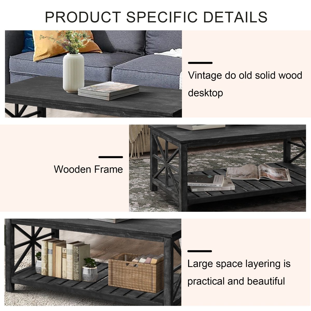 Antique Black Rectangular Coffee Table with Open Shelf - Coffee Table
