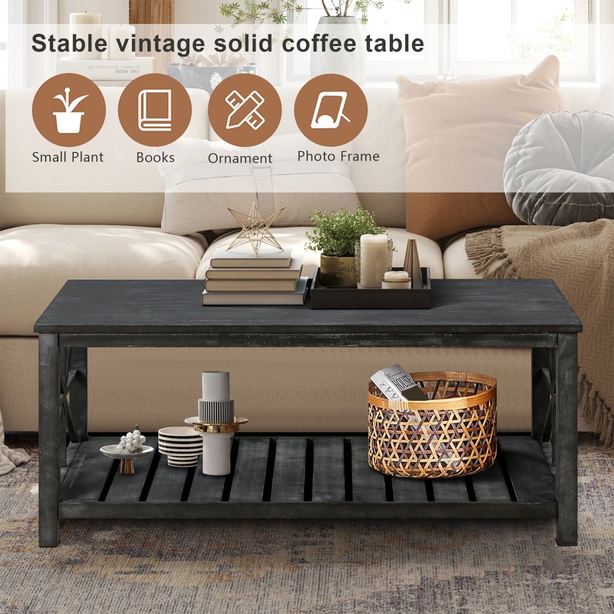 Antique Black Rectangular Coffee Table with Open Shelf - Coffee Table