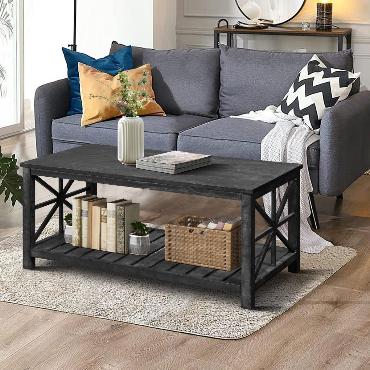 Antique Black Rectangular Coffee Table with Open Shelf - Coffee Table