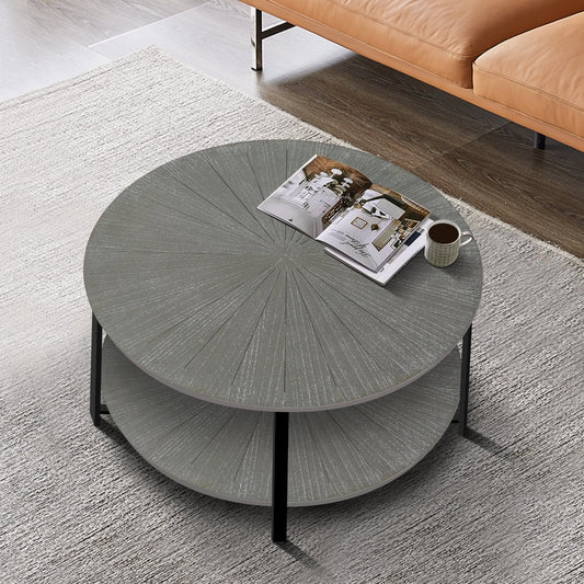 Antique Gray Round Coffee Table with Open Shelf - Coffee Table