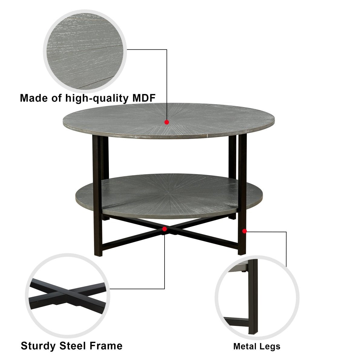 Antique Gray Round Coffee Table with Open Shelf - Coffee Table