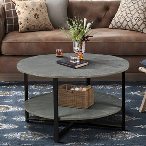Antique Gray Round Coffee Table with Open Shelf - Coffee Table