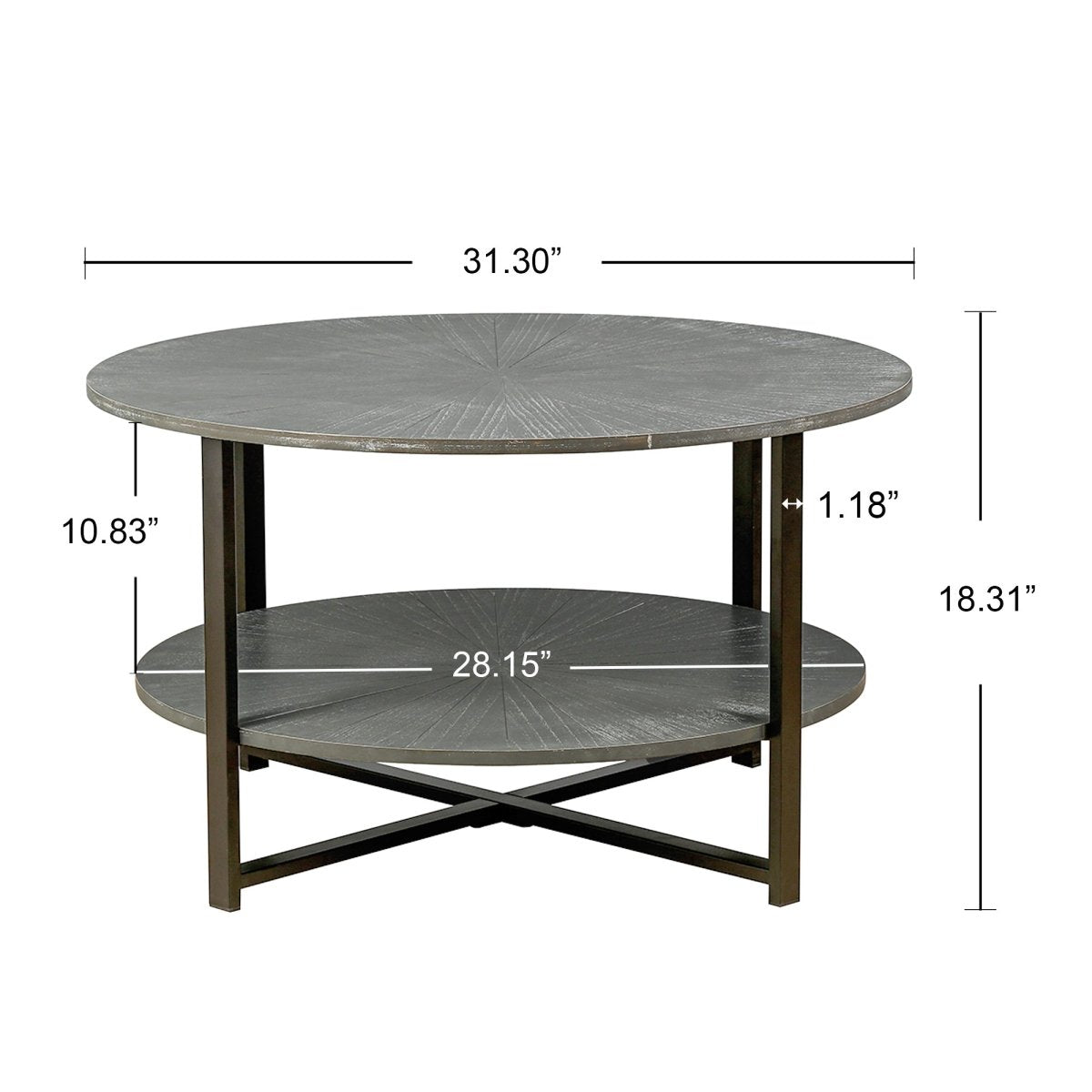 Antique Gray Round Coffee Table with Open Shelf - Coffee Table