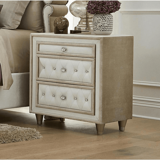 Antonella Upholstered 3 - Drawer Nightstand in Ivory and Camel - Elegant French Provincial Design - 