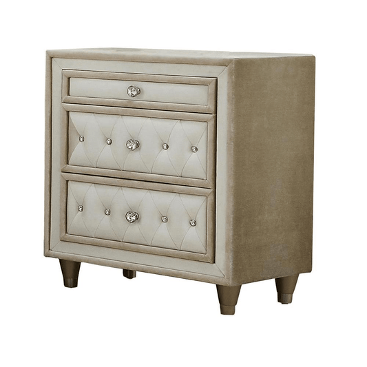 Antonella Upholstered 3 - Drawer Nightstand in Ivory and Camel - Elegant French Provincial Design - 