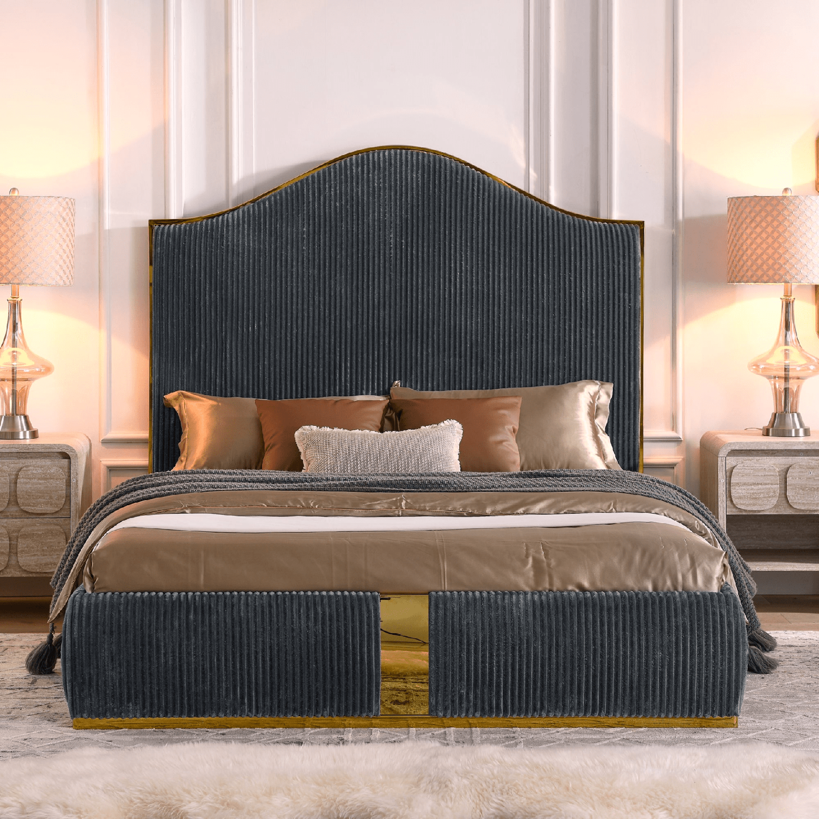 Corduroy Upholstered Bed Frame Queen Size - Elegant and Sturdy | No Box Spring Needed - AnelityW1413S00044 - 36101610