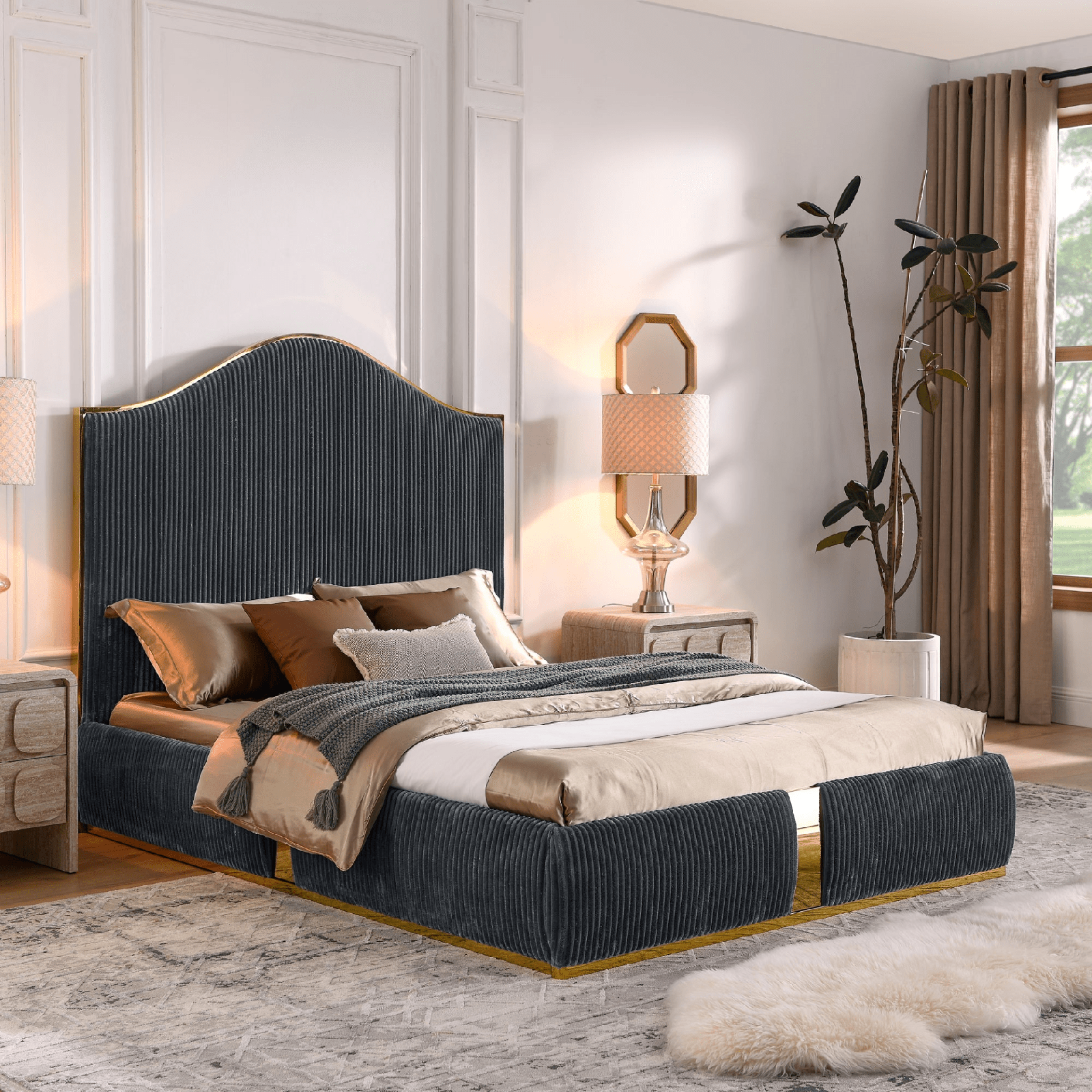 Corduroy Upholstered Bed Frame Queen Size - Elegant and Sturdy | No Box Spring Needed - AnelityW1413S00044 - 36101610