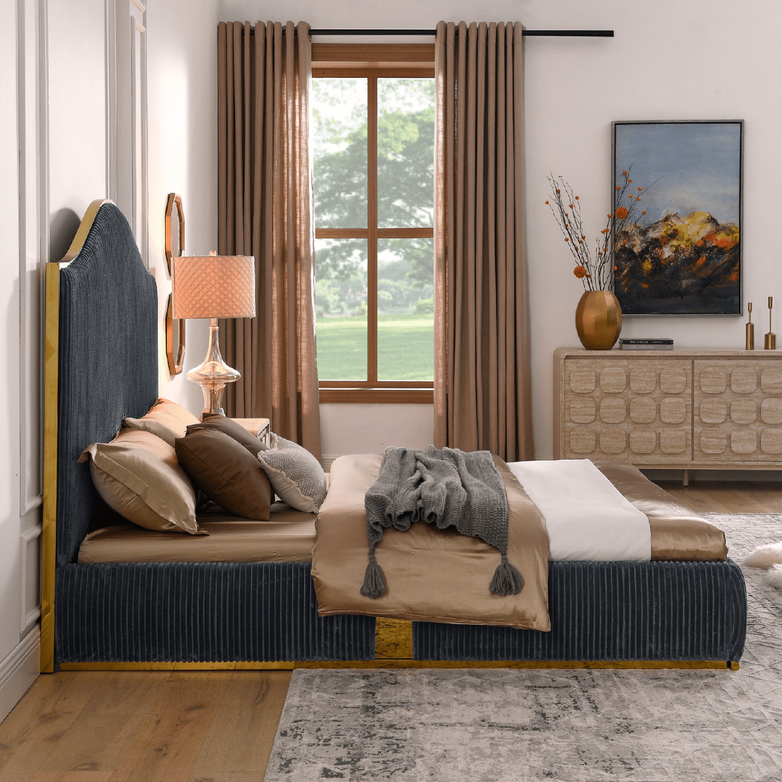 Corduroy Upholstered Bed Frame Queen Size - Elegant and Sturdy | No Box Spring Needed - AnelityW1413S00044 - 36101610