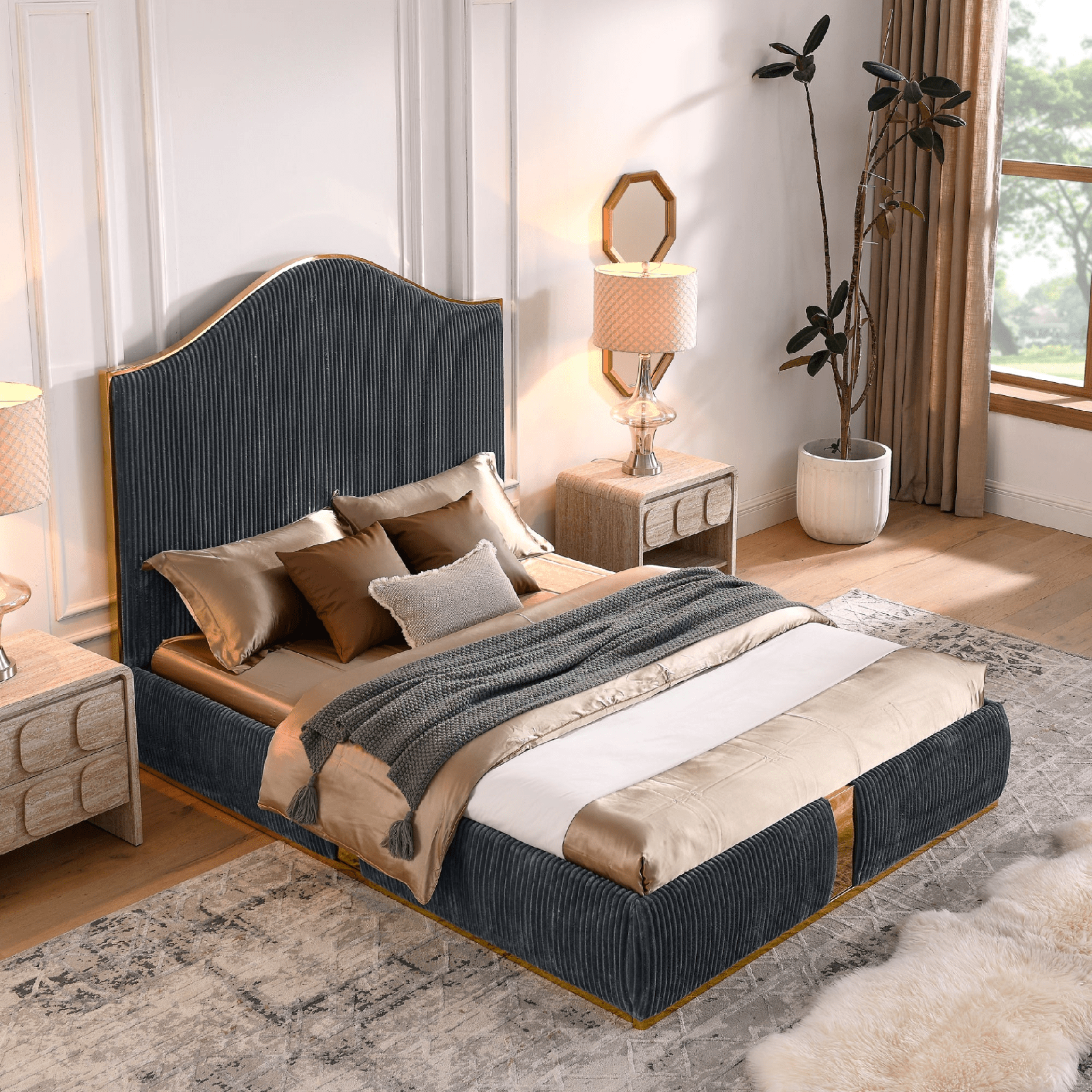 Corduroy Upholstered Bed Frame Queen Size - Elegant and Sturdy | No Box Spring Needed - AnelityW1413S00044 - 36101610