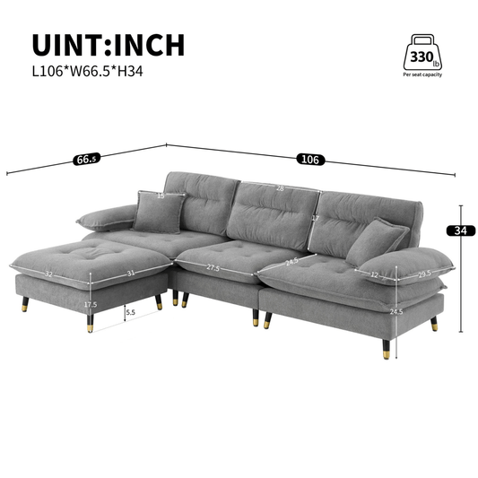 Elegant 106x66.5" L - Shaped Convertible Sectional Sofa – Chenille Fabric & Movable Ottoman - 