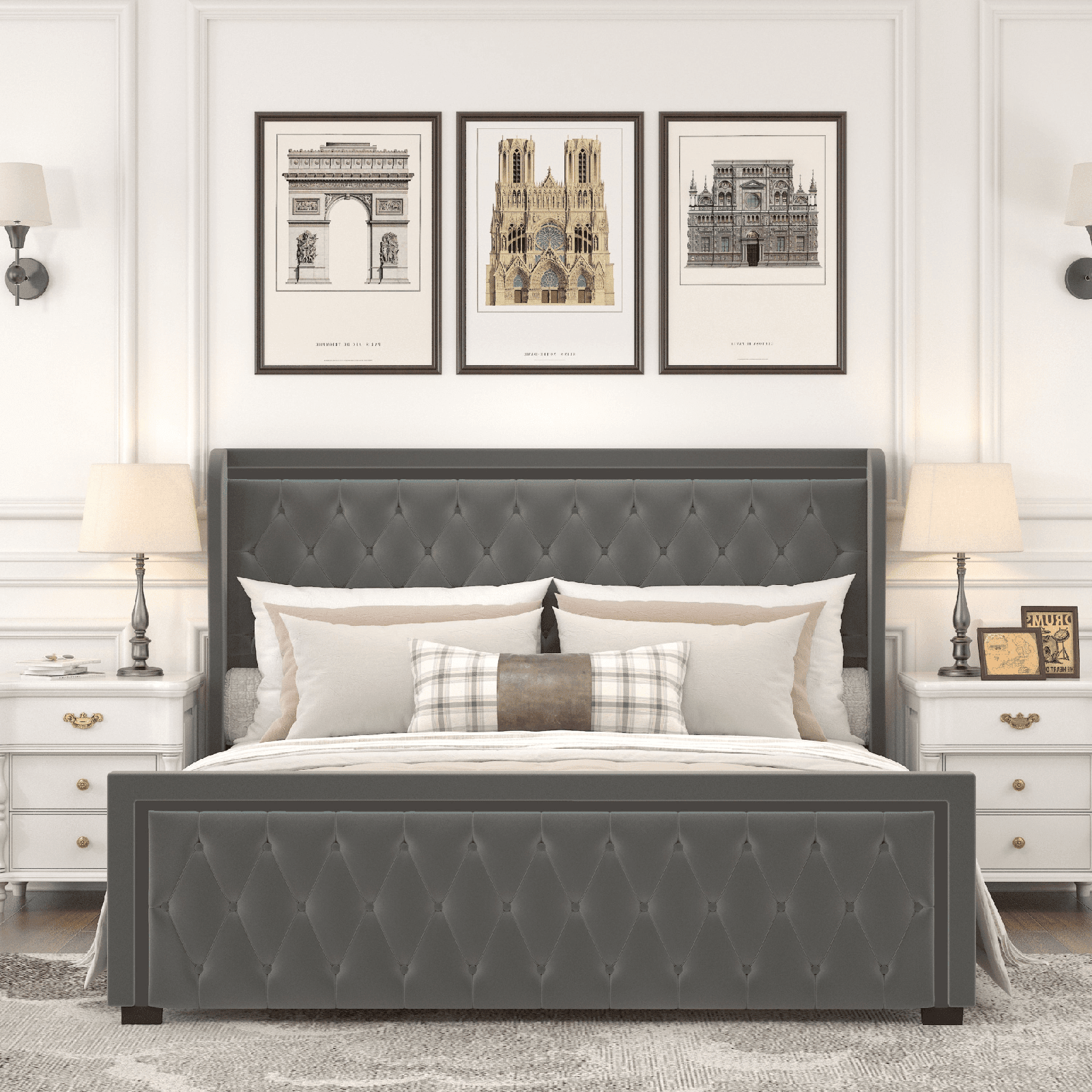 Elegant King Platform Bed Frame with High Headboard, Velvet Upholstered, Tufted Buttons, LED Light, GREY - AnelityW834126415 - 36101568