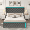 Elegant King Platform Bed Frame with High Headboard, Velvet Upholstered, Tufted Buttons, LED Light, GREY - AnelityW834126415 - 36101568